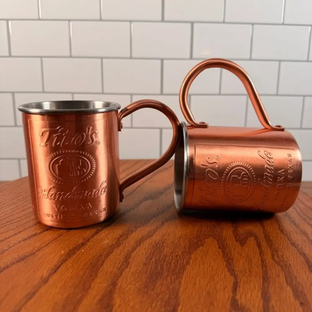 Pair of Tito's Handmade Vodka Copper Moscow Mule Mugs Lined 12oz